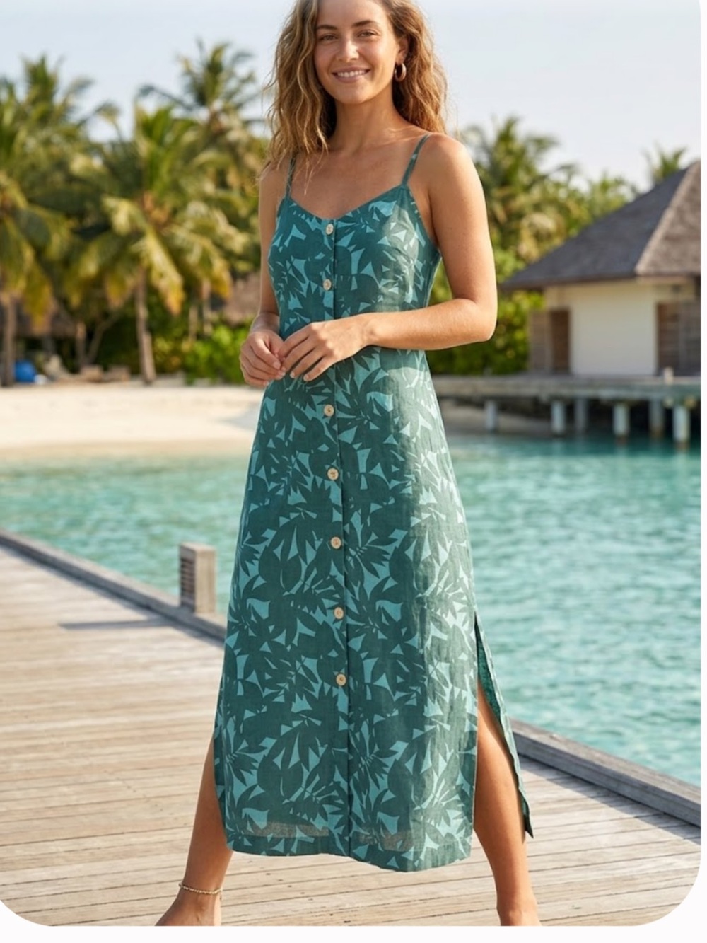 Teal Leaf-Print Button-Front Swim Coverup Maxi